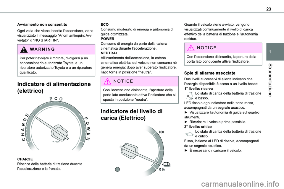 TOYOTA PROACE VERSO EV 2024  Manuale duso (in Italian) 23
Strumentazione
1
Avviamento non consentito
Ogni volta che viene inserita l'accensione, viene visualizzato il messaggio "Anom antinquin: Avv vietato" o "NO START IN".
WARNI NG
Pe