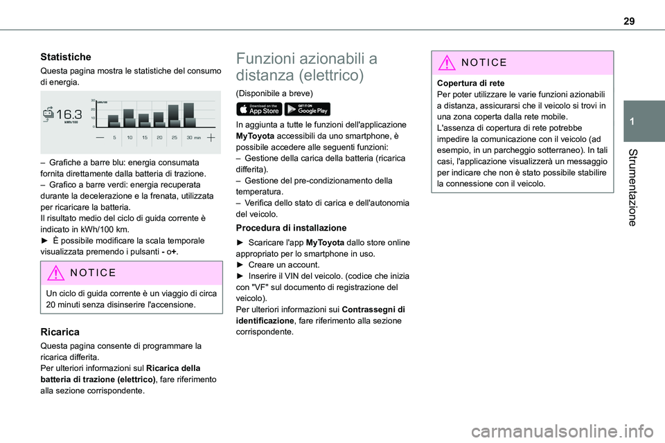 TOYOTA PROACE VERSO EV 2024  Manuale duso (in Italian) 29
Strumentazione
1
Statistiche
Questa pagina mostra le statistiche del consumo di energia. 
 
– Grafiche a barre blu: energia consumata fornita direttamente dalla batteria di trazione.– Grafico a