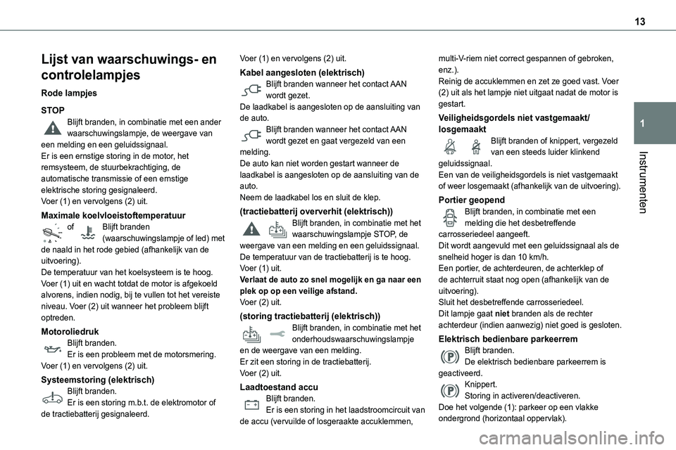 TOYOTA PROACE VERSO EV 2024  Instructieboekje (in Dutch) 13
Instrumenten
1
Lijst van waarschuwings- en 
controlelampjes
Rode lampjes
STOPBlijft branden, in combinatie met een ander waarschuwingslampje, de weergave van een melding en een geluidssignaal.Er is