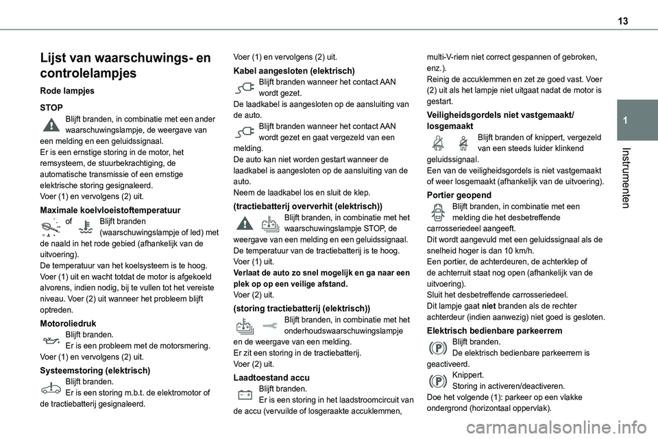 TOYOTA PROACE VERSO EV 2024 Instructieboekje (in Dutch) 13
Instrumenten
1
Lijst van waarschuwings- en
controlelampjes
Rode lampjes
STOPBlijft branden, in combinatie met een ander waarschuwingslampje, de weergave van een melding en een geluidssignaal.Er is TOYOTA PROACE VERSO EV 2024 Instructieboekje (in Dutch) 13
Instrumenten
1
Lijst van waarschuwings- en
controlelampjes
Rode lampjes
STOPBlijft branden, in combinatie met een ander waarschuwingslampje, de weergave van een melding en een geluidssignaal.Er is