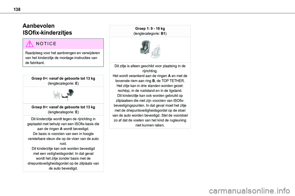 TOYOTA PROACE VERSO EV 2024 Instructieboekje (in Dutch) 138
Aanbevolen
ISOfix-kinderzitjes
NOTIC E
Raadpleeg voor het aanbrengen en verwijderen van het kinderzitje de montage-instructies van de fabrikant.
Groep 0+: vanaf de geboorte tot 13 kg(lengtecatego TOYOTA PROACE VERSO EV 2024 Instructieboekje (in Dutch) 138
Aanbevolen
ISOfix-kinderzitjes
NOTIC E
Raadpleeg voor het aanbrengen en verwijderen van het kinderzitje de montage-instructies van de fabrikant.
Groep 0+: vanaf de geboorte tot 13 kg(lengtecatego
