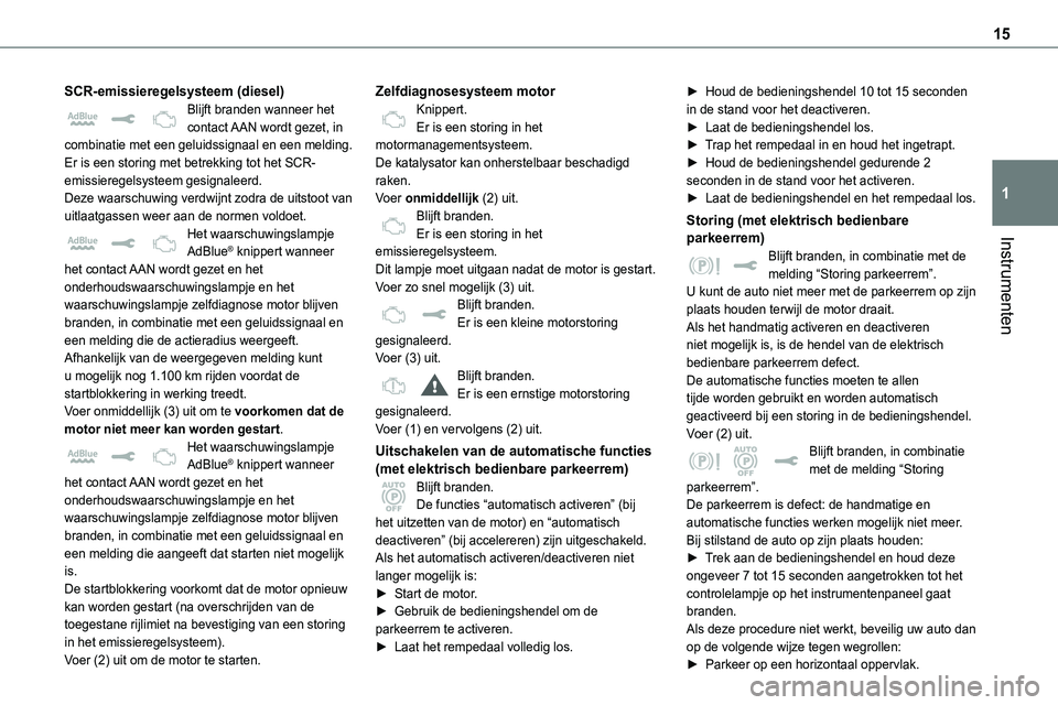 TOYOTA PROACE VERSO EV 2024 Instructieboekje (in Dutch) 15
Instrumenten
1
SCR-emissieregelsysteem (diesel)Blijft branden wanneer het contact AAN wordt gezet, in combinatie met een geluidssignaal en een melding.Er is een storing met betrekking tot het SCR-e TOYOTA PROACE VERSO EV 2024 Instructieboekje (in Dutch) 15
Instrumenten
1
SCR-emissieregelsysteem (diesel)Blijft branden wanneer het contact AAN wordt gezet, in combinatie met een geluidssignaal en een melding.Er is een storing met betrekking tot het SCR-e