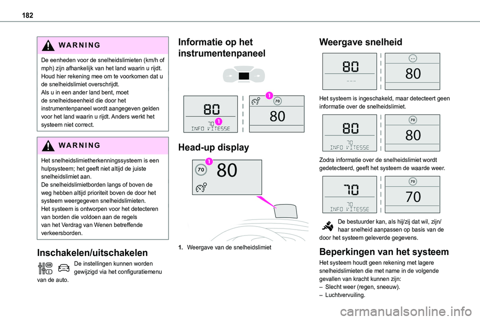TOYOTA PROACE VERSO EV 2024 Instructieboekje (in Dutch) 182
WARNI NG
De eenheden voor de snelheidslimieten (km/h of mph) zijn afhankelijk van het land waarin u rijdt.Houd hier rekening mee om te voorkomen dat u de snelheidslimiet overschrijdt.Als u in een TOYOTA PROACE VERSO EV 2024 Instructieboekje (in Dutch) 182
WARNI NG
De eenheden voor de snelheidslimieten (km/h of mph) zijn afhankelijk van het land waarin u rijdt.Houd hier rekening mee om te voorkomen dat u de snelheidslimiet overschrijdt.Als u in een