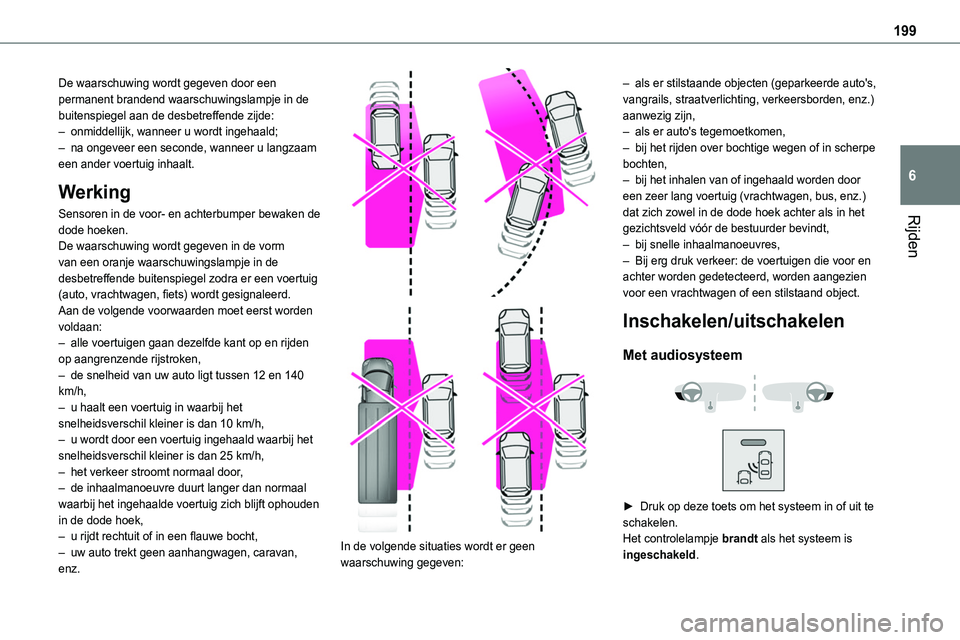 TOYOTA PROACE VERSO EV 2024 Instructieboekje (in Dutch) 199
Rijden
6
De waarschuwing wordt gegeven door een permanent brandend waarschuwingslampje in de buitenspiegel aan de desbetreffende zijde:– onmiddellijk, wanneer u wordt ingehaald;– na ongeveer e TOYOTA PROACE VERSO EV 2024 Instructieboekje (in Dutch) 199
Rijden
6
De waarschuwing wordt gegeven door een permanent brandend waarschuwingslampje in de buitenspiegel aan de desbetreffende zijde:– onmiddellijk, wanneer u wordt ingehaald;– na ongeveer e
