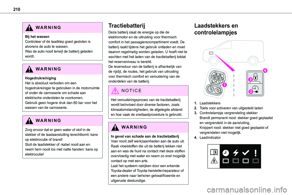 TOYOTA PROACE VERSO EV 2024 Instructieboekje (in Dutch) 210
WARNI NG
Bij het wassenControleer of de laadklep goed gesloten is alvorens de auto te wassen.Was de auto nooit terwijl de batterij geladen wordt.
WARNI NG
HogedrukreinigingHet is absoluut verboden TOYOTA PROACE VERSO EV 2024 Instructieboekje (in Dutch) 210
WARNI NG
Bij het wassenControleer of de laadklep goed gesloten is alvorens de auto te wassen.Was de auto nooit terwijl de batterij geladen wordt.
WARNI NG
HogedrukreinigingHet is absoluut verboden