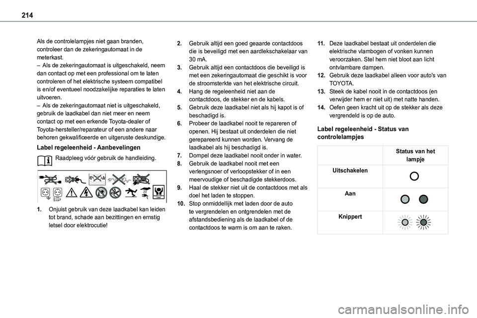 TOYOTA PROACE VERSO EV 2024 Instructieboekje (in Dutch) 214
Als de controlelampjes niet gaan branden, controleer dan de zekeringautomaat in de meterkast.– Als de zekeringautomaat is uitgeschakeld, neem dan contact op met een professional om te laten cont TOYOTA PROACE VERSO EV 2024 Instructieboekje (in Dutch) 214
Als de controlelampjes niet gaan branden, controleer dan de zekeringautomaat in de meterkast.– Als de zekeringautomaat is uitgeschakeld, neem dan contact op met een professional om te laten cont