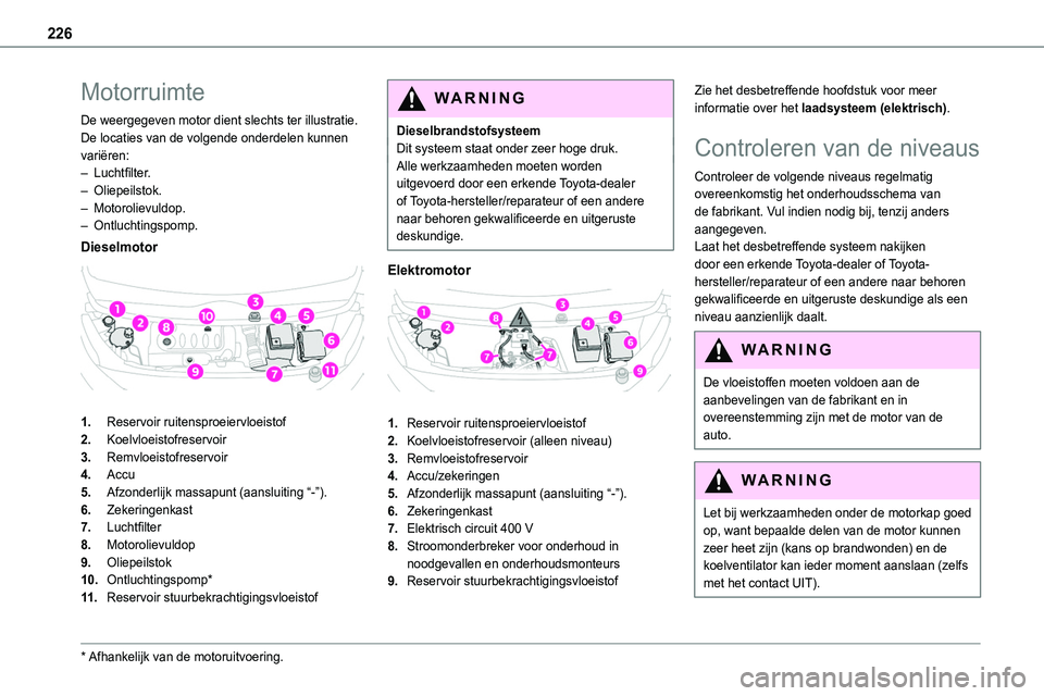 TOYOTA PROACE VERSO EV 2024 Instructieboekje (in Dutch) 226
Motorruimte
De weergegeven motor dient slechts ter illustratie.De locaties van de volgende onderdelen kunnen variëren:– Luchtfilter.– Oliepeilstok.– Motorolievuldop.– Ontluchtingspomp.
Di TOYOTA PROACE VERSO EV 2024 Instructieboekje (in Dutch) 226
Motorruimte
De weergegeven motor dient slechts ter illustratie.De locaties van de volgende onderdelen kunnen variëren:– Luchtfilter.– Oliepeilstok.– Motorolievuldop.– Ontluchtingspomp.
Di