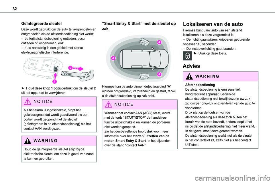 TOYOTA PROACE VERSO EV 2024  Instructieboekje (in Dutch) 32
Geïntegreerde sleutel
Deze wordt gebruikt om de auto te vergrendelen en ontgrendelen als de afstandsbediening niet werkt:– batterij afstandsbediening ontladen, accu ontladen of losgenomen, enz.�