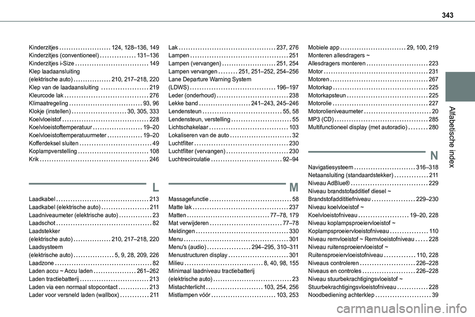 TOYOTA PROACE VERSO EV 2024 Instructieboekje (in Dutch) 343
Alfabetische index
Kinderzitjes 124, 128–136, 149Kinderzitjes (conventioneel) 131–136Kinderzitjes i-Size 149Klep laadaansluiting (elektrische auto) 210, 217–218, 220Klep van de laad TOYOTA PROACE VERSO EV 2024 Instructieboekje (in Dutch) 343
Alfabetische index
Kinderzitjes 124, 128–136, 149Kinderzitjes (conventioneel) 131–136Kinderzitjes i-Size 149Klep laadaansluiting (elektrische auto) 210, 217–218, 220Klep van de laad