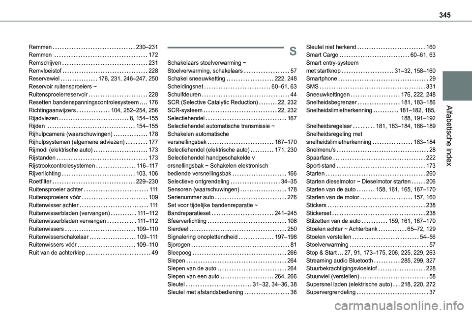 TOYOTA PROACE VERSO EV 2024 Instructieboekje (in Dutch) 345
Alfabetische index
Remmen 230–231Remmen 172Remschijven 231Remvloeistof 228Reservewiel 176, 231, 246–247, 250Reservoir ruitensproeiers ~ Ruitensproeierreservoir 228Resetten banden TOYOTA PROACE VERSO EV 2024 Instructieboekje (in Dutch) 345
Alfabetische index
Remmen 230–231Remmen 172Remschijven 231Remvloeistof 228Reservewiel 176, 231, 246–247, 250Reservoir ruitensproeiers ~ Ruitensproeierreservoir 228Resetten banden