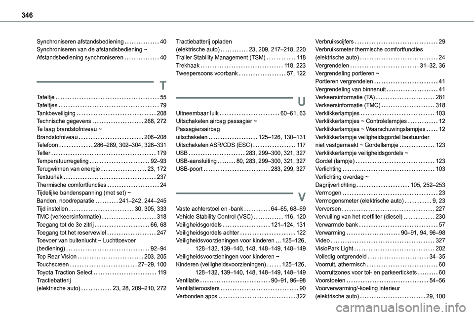 TOYOTA PROACE VERSO EV 2024 Instructieboekje (in Dutch) 346
Synchroniseren afstandsbediening 40Synchroniseren van de afstandsbediening ~ Afstandsbediening synchroniseren 40
T
Tafeltje 55Tafeltjes 79Tankbeveiliging 208Technische gegevens 268, 27 TOYOTA PROACE VERSO EV 2024 Instructieboekje (in Dutch) 346
Synchroniseren afstandsbediening 40Synchroniseren van de afstandsbediening ~ Afstandsbediening synchroniseren 40
T
Tafeltje 55Tafeltjes 79Tankbeveiliging 208Technische gegevens 268, 27