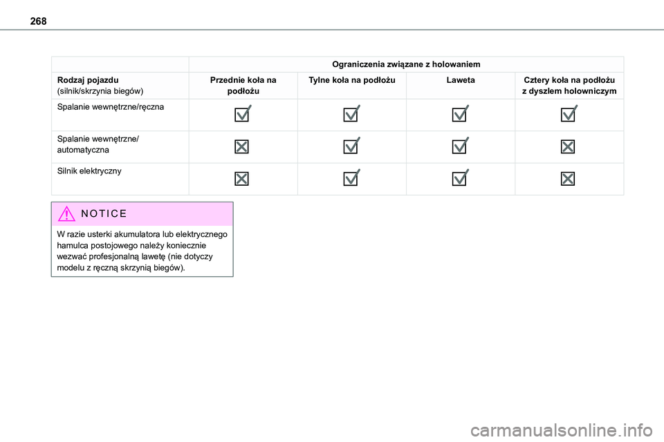 TOYOTA PROACE VERSO EV 2024  Instrukcja obsługi (in Polish) 268
Ograniczenia związane z holowaniem
Rodzaj pojazdu(silnik/skrzynia biegów)Przednie koła na podłożuTylne koła na podłożuLawetaCztery koła na podłożu z dyszlem holowniczym
Spalanie wewnęt