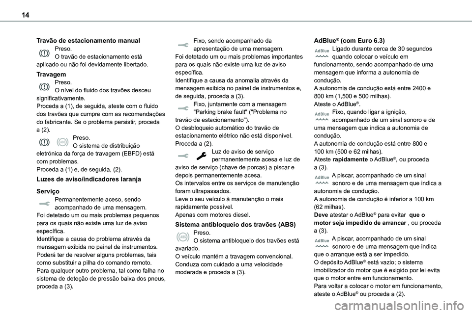 TOYOTA PROACE VERSO EV 2024 Manual de utilização (in Portuguese) 14
Travão de estacionamento manualPreso.O travão de estacionamento está aplicado ou não foi devidamente libertado.
TravagemPreso.O nível do fluido dos travões desceu significativamente.Proceda a TOYOTA PROACE VERSO EV 2024 Manual de utilização (in Portuguese) 14
Travão de estacionamento manualPreso.O travão de estacionamento está aplicado ou não foi devidamente libertado.
TravagemPreso.O nível do fluido dos travões desceu significativamente.Proceda a