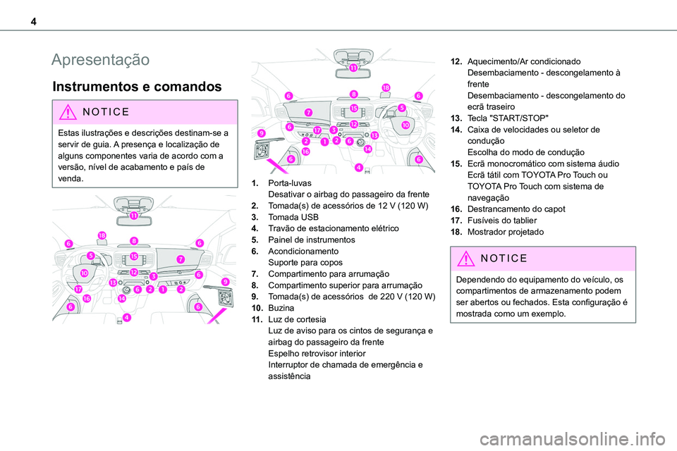 TOYOTA PROACE VERSO EV 2024  Manual de utilização (in Portuguese) 4
Apresentação
Instrumentos e comandos
NOTIC E
Estas ilustrações e descrições destinam-se a servir de guia. A presença e localização de alguns componentes varia de acordo com a versão, níve