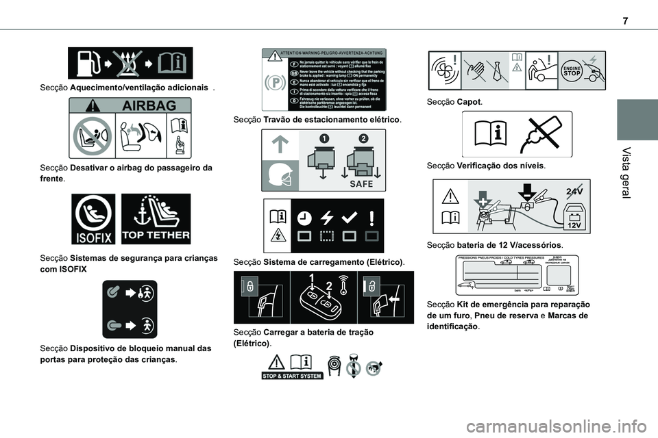 TOYOTA PROACE VERSO EV 2024  Manual de utilização (in Portuguese) 7
Vista geral
 
Secção Aquecimento/ventilação adicionais  . 
 
Secção Desativar o airbag do passageiro da frente. 
 
Secção Sistemas de segurança para crianças com ISOFIX 
 
Secção Disposi