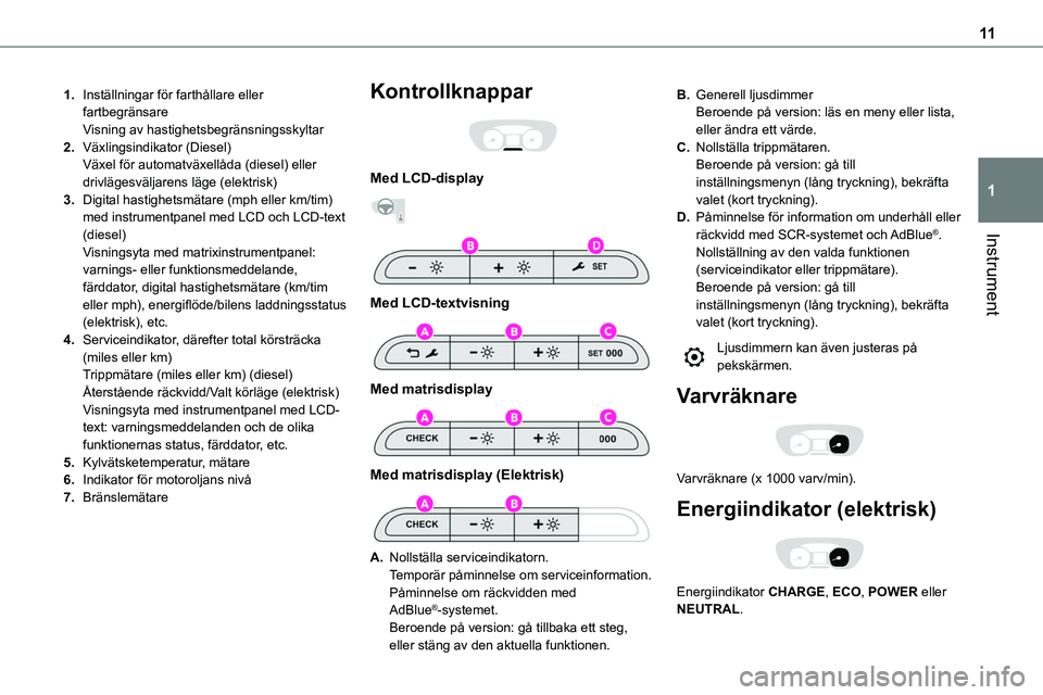 TOYOTA PROACE VERSO EV 2024  Bruksanvisningar (in Swedish) 11
Instrument
1
1.Inställningar för farthållare eller fartbegränsareVisning av hastighetsbegränsningsskyltar
2.Växlingsindikator (Diesel)Växel för automatväxellåda (diesel) eller drivlägesv