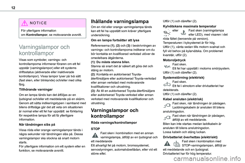 TOYOTA PROACE VERSO EV 2024 Bruksanvisningar (in Swedish) 12
NOTIC E
För ytterligare information om Kontrollampor, se motsvarande avsnitt.
Varningslampor och
kontrollampor
Visas som symboler, varnings- och kontrollamporna informerar föraren om ett fel upp TOYOTA PROACE VERSO EV 2024 Bruksanvisningar (in Swedish) 12
NOTIC E
För ytterligare information om Kontrollampor, se motsvarande avsnitt.
Varningslampor och
kontrollampor
Visas som symboler, varnings- och kontrollamporna informerar föraren om ett fel upp