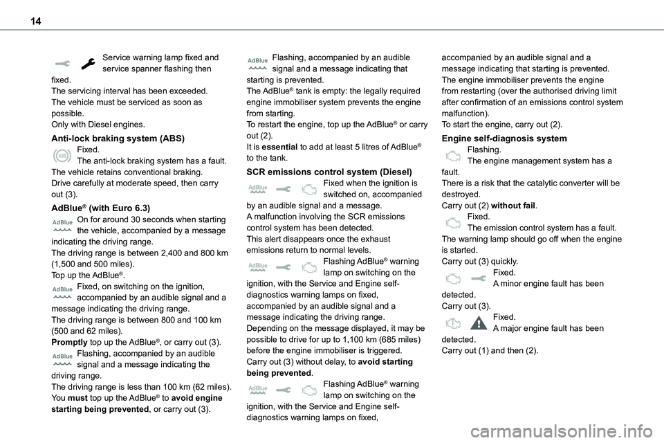TOYOTA PROACE VERSO EV 2023 User Guide 14
Service warning lamp fixed and service spanner flashing then fixed.The servicing interval has been exceeded.The vehicle must be serviced as soon as possible.Only with Diesel engines.
Anti-lock brak