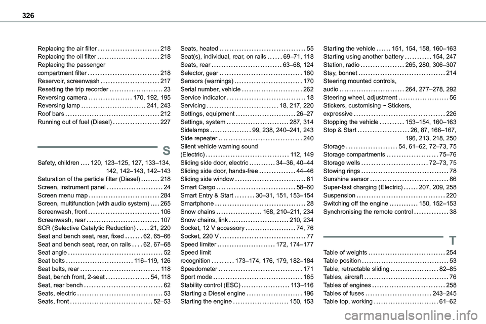 TOYOTA PROACE VERSO EV 2023  Owners Manual 326
Replacing the air filter   218Replacing the oil filter   218Replacing the passenger  compartment filter   218Reservoir, screenwash   217Resetting the trip recorder   23Reversing camera   170, 192,