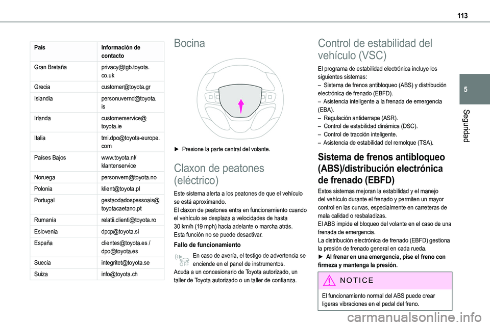 TOYOTA PROACE VERSO EV 2023  Manual del propietario (in Spanish) 11 3
Seguridad
5
PaísInformación de contacto
Gran Bretañaprivacy@tgb.toyota.co.uk
Greciacustomer@toyota.gr
Islandiapersonuvernd@toyota.is
Irlandacustomerservice@toyota.ie
Italiatmi.dpo@toyota-europ