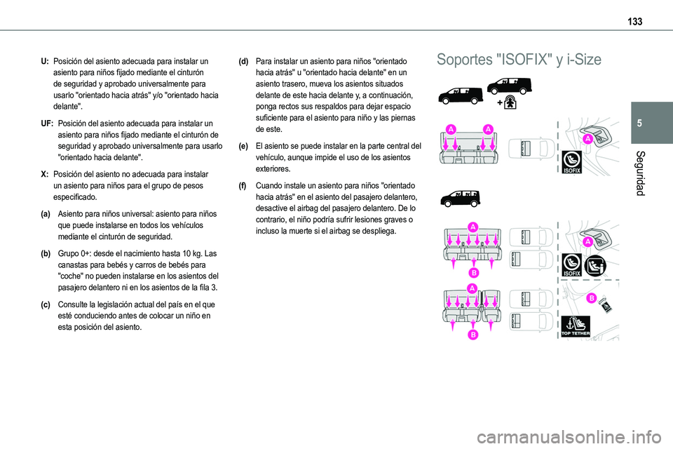TOYOTA PROACE VERSO EV 2023 Manual del propietario (in Spanish) 133
Seguridad
5
U:Posición del asiento adecuada para instalar un asiento para niños fijado mediante el cinturón de seguridad y aprobado universalmente para usarlo "orientado hacia atrás" y TOYOTA PROACE VERSO EV 2023 Manual del propietario (in Spanish) 133
Seguridad
5
U:Posición del asiento adecuada para instalar un asiento para niños fijado mediante el cinturón de seguridad y aprobado universalmente para usarlo "orientado hacia atrás" y