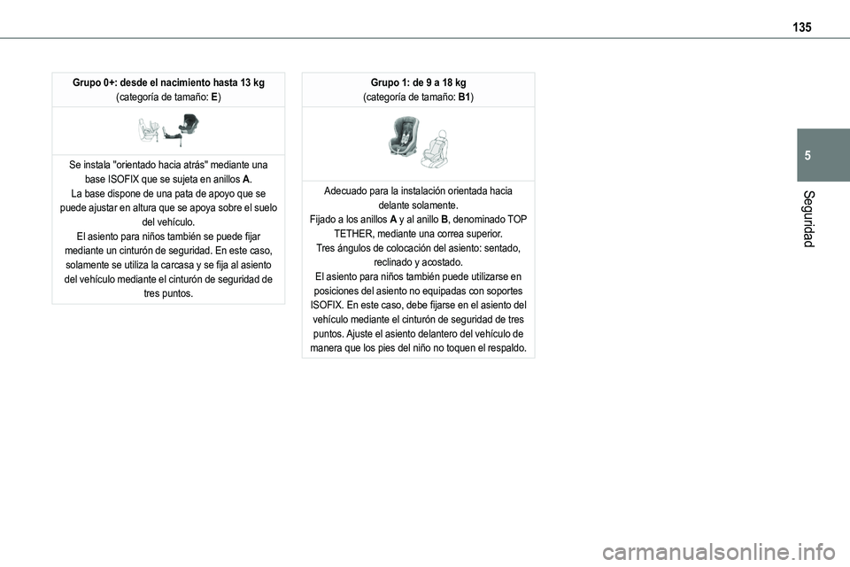 TOYOTA PROACE VERSO EV 2023 Manual del propietario (in Spanish) 135
Seguridad
5
Grupo 0+: desde el nacimiento hasta 13 kg (categoría de tamaño: E)
Se instala "orientado hacia atrás" mediante una base ISOFIX que se sujeta en anillos A.La base dispone TOYOTA PROACE VERSO EV 2023 Manual del propietario (in Spanish) 135
Seguridad
5
Grupo 0+: desde el nacimiento hasta 13 kg (categoría de tamaño: E)
Se instala "orientado hacia atrás" mediante una base ISOFIX que se sujeta en anillos A.La base dispone
