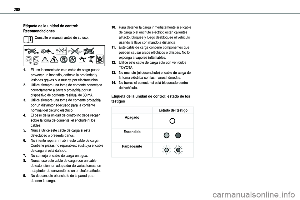 TOYOTA PROACE VERSO EV 2023  Manual del propietario (in Spanish) 208
Etiqueta de la unidad de control: Recomendaciones
Consulte el manual antes de su uso. 
1.El uso incorrecto de este cable de carga puede provocar un incendio, daños a la propiedad y lesiones grave