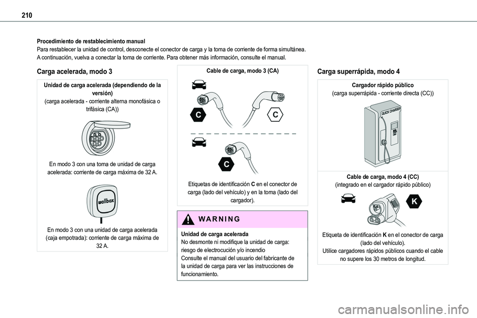 TOYOTA PROACE VERSO EV 2023  Manual del propietario (in Spanish) 210
Procedimiento de restablecimiento manualPara restablecer la unidad de control, desconecte el conector de carga y\
 la toma de corriente de forma simultánea.A continuación, vuelva a conectar la t