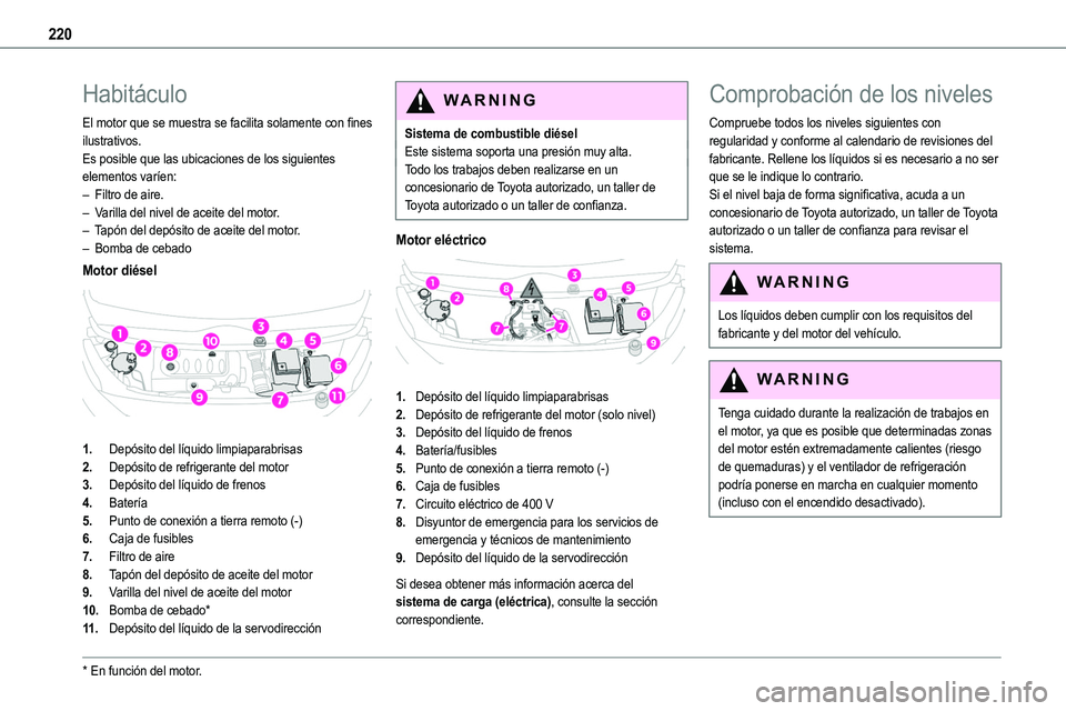 TOYOTA PROACE VERSO EV 2023  Manual del propietario (in Spanish) 220
Habitáculo
El motor que se muestra se facilita solamente con fines ilustrativos.Es posible que las ubicaciones de los siguientes elementos varíen:– Filtro de aire.– Varilla del nivel de acei