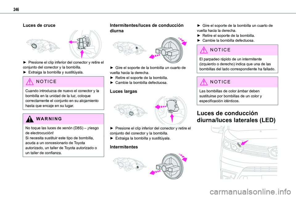 TOYOTA PROACE VERSO EV 2023 Manual del propietario (in Spanish) 246
Luces de cruce
► Presione el clip inferior del conector y retire el conjunto del conector y la bombilla.
► Extraiga la bombilla y sustitúyala.
NOTIC E
Cuando introduzca de nuevo el conecto TOYOTA PROACE VERSO EV 2023 Manual del propietario (in Spanish) 246
Luces de cruce
► Presione el clip inferior del conector y retire el conjunto del conector y la bombilla.
► Extraiga la bombilla y sustitúyala.
NOTIC E
Cuando introduzca de nuevo el conecto