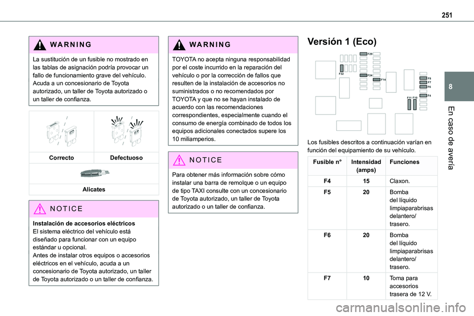 TOYOTA PROACE VERSO EV 2023  Manual del propietario (in Spanish) 251
En caso de avería
8
WARNI NG
La sustitución de un fusible no mostrado en las tablas de asignación podría provocar un fallo de funcionamiento grave del vehículo.Acuda a un concesionario de Toy