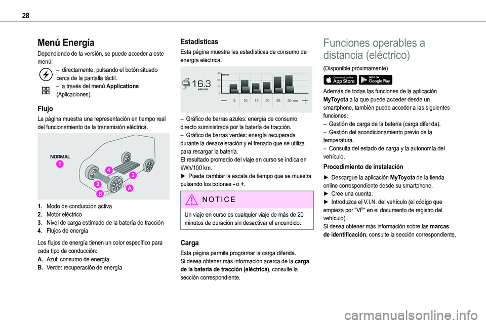 TOYOTA PROACE VERSO EV 2023 Manual del propietario (in Spanish) 28
Menú Energía
Dependiendo de la versión, se puede acceder a este menú:– directamente, pulsando el botón situado cerca de la pantalla táctil.– a través del menú Applications (Aplicaciones TOYOTA PROACE VERSO EV 2023 Manual del propietario (in Spanish) 28
Menú Energía
Dependiendo de la versión, se puede acceder a este menú:– directamente, pulsando el botón situado cerca de la pantalla táctil.– a través del menú Applications (Aplicaciones