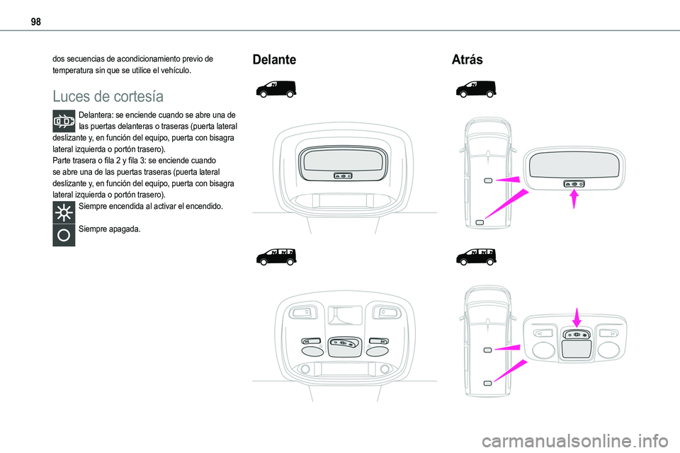 TOYOTA PROACE VERSO EV 2023  Manual del propietario (in Spanish) 98
dos secuencias de acondicionamiento previo de temperatura sin que se utilice el vehículo.
Luces de cortesía
Delantera: se enciende cuando se abre una de las puertas delanteras o traseras (puerta 
