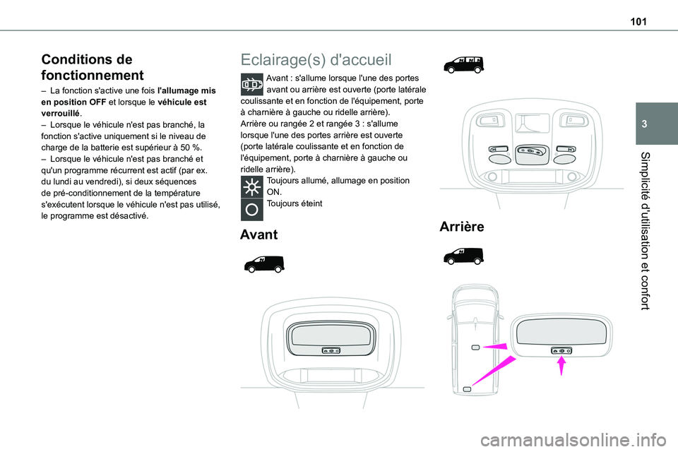 TOYOTA PROACE VERSO EV 2023  Manuel du propriétaire (in French) 101
Simplicité d'utilisation et confort
3
Conditions de 
fonctionnement
– La fonction s'active une fois l'allumage mis en position OFF et lorsque le véhicule est verrouillé.– Lorsqu