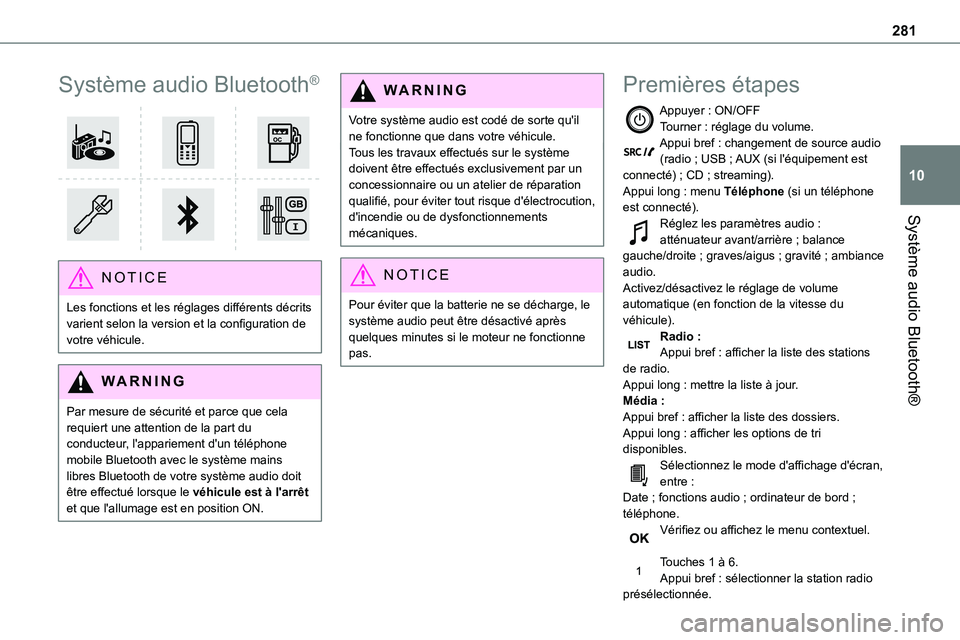 TOYOTA PROACE VERSO EV 2023 Manuel du propriétaire (in French) 281
Système audio Bluetooth®
10
Système audio Bluetooth®
NOTIC E
Les fonctions et les réglages différents décrits varient selon la version et la configuration de votre véhicule.
WARNI NG
P TOYOTA PROACE VERSO EV 2023 Manuel du propriétaire (in French) 281
Système audio Bluetooth®
10
Système audio Bluetooth®
NOTIC E
Les fonctions et les réglages différents décrits varient selon la version et la configuration de votre véhicule.
WARNI NG
P