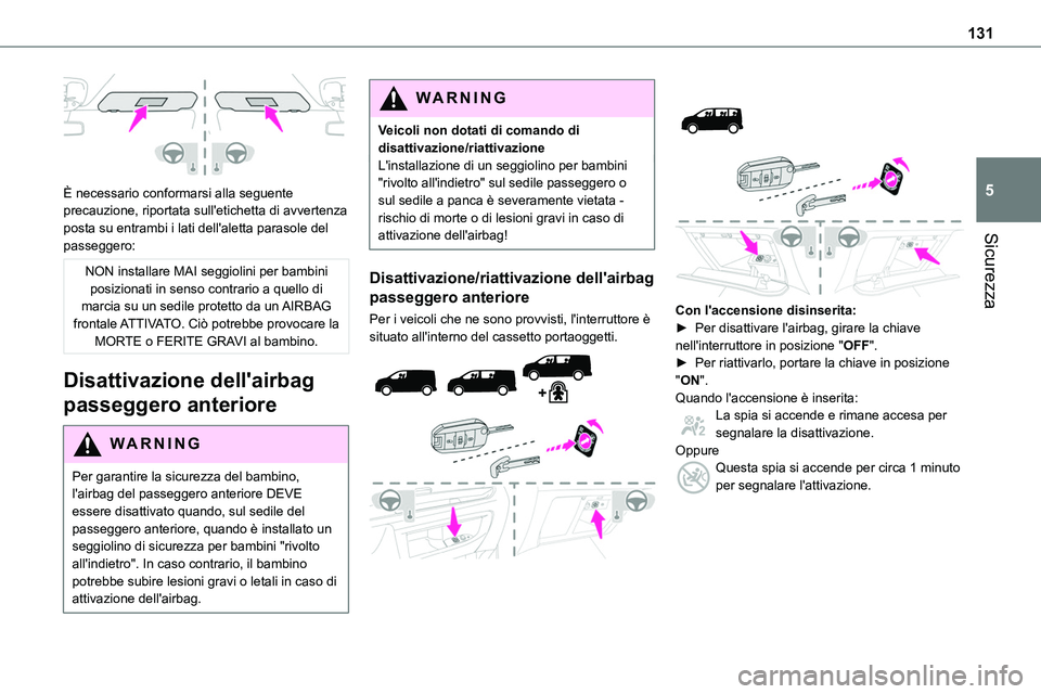 TOYOTA PROACE VERSO EV 2023 Manuale duso (in Italian) 131
Sicurezza
5
È necessario conformarsi alla seguente precauzione, riportata sull'etichetta di avvertenza posta su entrambi i lati dell'aletta parasole del passeggero:
NON installare MAI se TOYOTA PROACE VERSO EV 2023 Manuale duso (in Italian) 131
Sicurezza
5
È necessario conformarsi alla seguente precauzione, riportata sull'etichetta di avvertenza posta su entrambi i lati dell'aletta parasole del passeggero:
NON installare MAI se