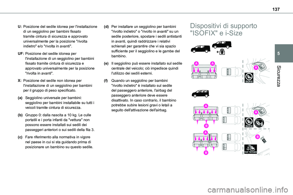 TOYOTA PROACE VERSO EV 2023 Manuale duso (in Italian) 137
Sicurezza
5
U:Posizione del sedile idonea per l'installazione di un seggiolino per bambini fissato tramite cintura di sicurezza e approvato universalmente per la posizione "rivolta indietr TOYOTA PROACE VERSO EV 2023 Manuale duso (in Italian) 137
Sicurezza
5
U:Posizione del sedile idonea per l'installazione di un seggiolino per bambini fissato tramite cintura di sicurezza e approvato universalmente per la posizione "rivolta indietr