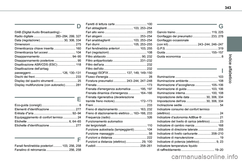 TOYOTA PROACE VERSO EV 2023 Manuale duso (in Italian) 343
Indice alfabetico
D
DAB (Digital Audio Broadcasting) - Radio digitale 283–284, 299, 327Data (regolazione) 30, 306, 334Dimensioni 275Dimenticanza chiave inserita 160Dimenticanza fari acc TOYOTA PROACE VERSO EV 2023 Manuale duso (in Italian) 343
Indice alfabetico
D
DAB (Digital Audio Broadcasting) - Radio digitale 283–284, 299, 327Data (regolazione) 30, 306, 334Dimensioni 275Dimenticanza chiave inserita 160Dimenticanza fari acc