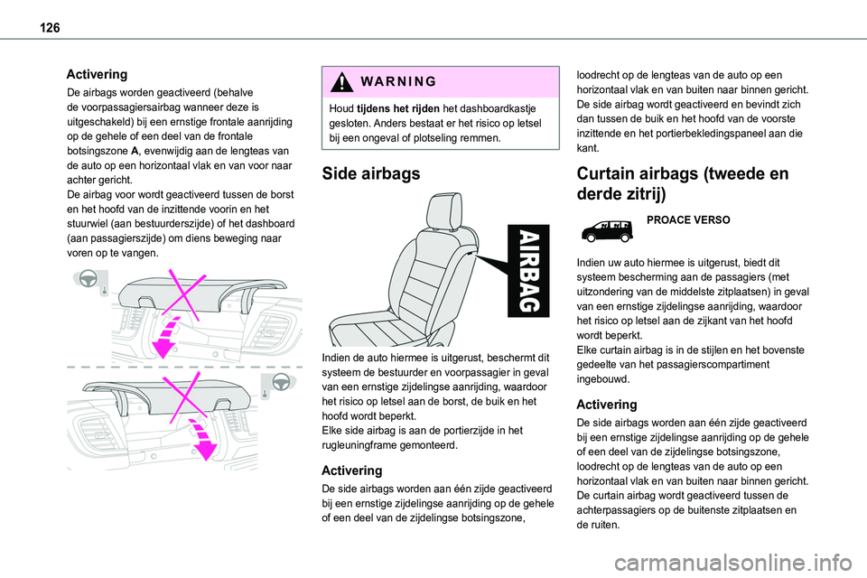 TOYOTA PROACE VERSO EV 2023 Instructieboekje (in Dutch) 126
Activering
De airbags worden geactiveerd (behalve de voorpassagiersairbag wanneer deze is uitgeschakeld) bij een ernstige frontale aanrijding op de gehele of een deel van de frontale botsingszone TOYOTA PROACE VERSO EV 2023 Instructieboekje (in Dutch) 126
Activering
De airbags worden geactiveerd (behalve de voorpassagiersairbag wanneer deze is uitgeschakeld) bij een ernstige frontale aanrijding op de gehele of een deel van de frontale botsingszone
