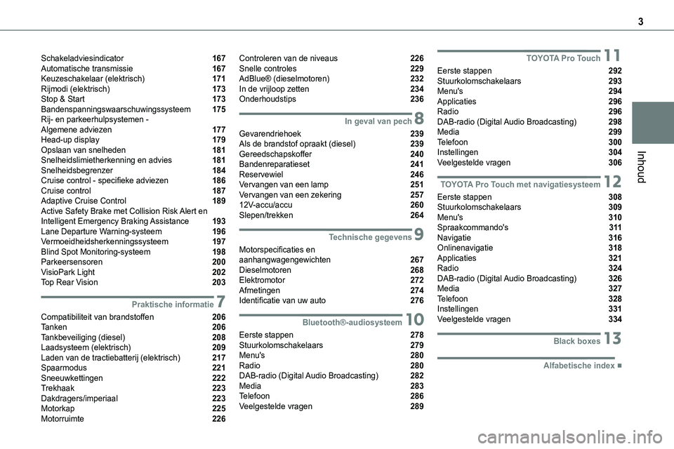 TOYOTA PROACE VERSO EV 2023 Instructieboekje (in Dutch) 3
Inhoud
Schakeladviesindicator 167Automatische transmissie 167Keuzeschakelaar (elektrisch) 171Rijmodi (elektrisch) 173Stop & Start 173Bandenspanningswaarschuwingssysteem 175Rij- en parkeerhulps TOYOTA PROACE VERSO EV 2023 Instructieboekje (in Dutch) 3
Inhoud
Schakeladviesindicator 167Automatische transmissie 167Keuzeschakelaar (elektrisch) 171Rijmodi (elektrisch) 173Stop & Start 173Bandenspanningswaarschuwingssysteem 175Rij- en parkeerhulps