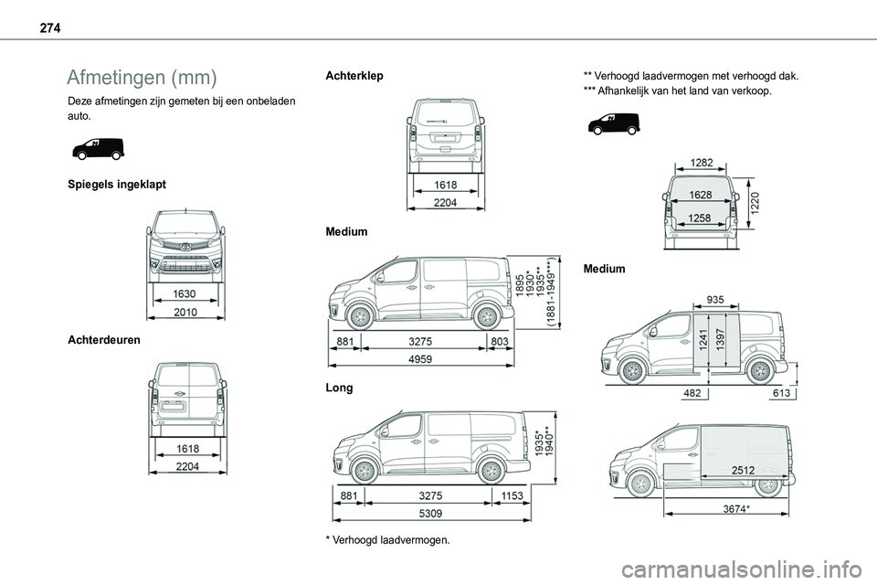 TOYOTA PROACE VERSO EV 2023 Instructieboekje (in Dutch) 274
Afmetingen (mm)
Deze afmetingen zijn gemeten bij een onbeladen auto.
Spiegels ingeklapt
Achterdeuren
Achterklep
Medium
Long
* Verhoogd laadvermogen.
** Verhoogd laadvermogen met TOYOTA PROACE VERSO EV 2023 Instructieboekje (in Dutch) 274
Afmetingen (mm)
Deze afmetingen zijn gemeten bij een onbeladen auto.
Spiegels ingeklapt
Achterdeuren
Achterklep
Medium
Long
* Verhoogd laadvermogen.
** Verhoogd laadvermogen met