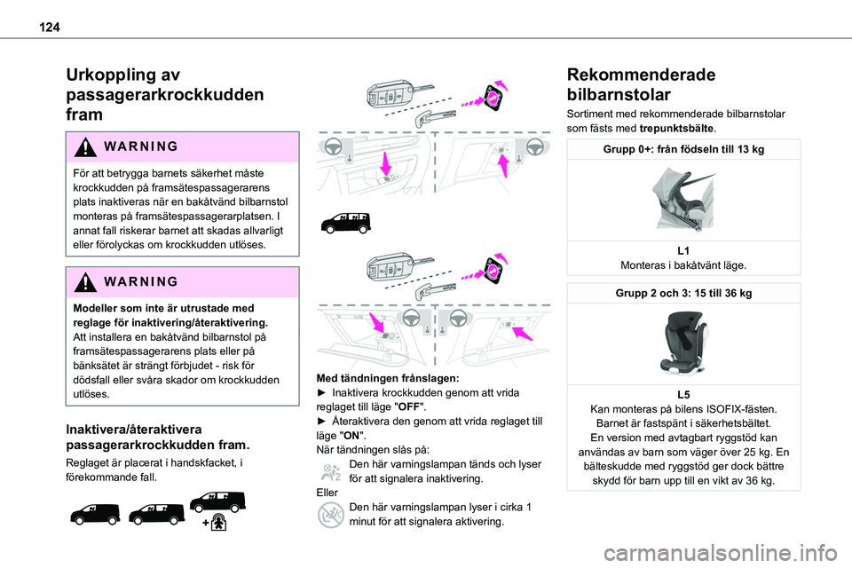 TOYOTA PROACE VERSO EV 2023 Bruksanvisningar (in Swedish) 124
Urkoppling av
passagerarkrockkudden
fram
WARNI NG
För att betrygga barnets säkerhet måste krockkudden på framsätespassagerarens plats inaktiveras när en bakåtvänd bilbarnstol monteras pà TOYOTA PROACE VERSO EV 2023 Bruksanvisningar (in Swedish) 124
Urkoppling av
passagerarkrockkudden
fram
WARNI NG
För att betrygga barnets säkerhet mÃ¥ste krockkudden pÃ¥ framsätespassagerarens plats inaktiveras när en bakÃ¥tvänd bilbarnstol monteras pÃ