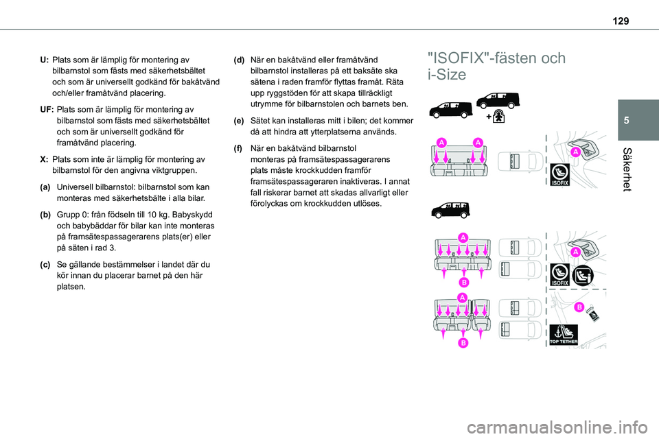TOYOTA PROACE VERSO EV 2023 Bruksanvisningar (in Swedish) 129
Säkerhet
5
U:Plats som är lämplig för montering av bilbarnstol som fästs med säkerhetsbältet och som är universellt godkänd för bakåtvänd och/eller framåtvänd placering.
UF:Plats som TOYOTA PROACE VERSO EV 2023 Bruksanvisningar (in Swedish) 129
Säkerhet
5
U:Plats som är lämplig för montering av bilbarnstol som fästs med säkerhetsbältet och som är universellt godkänd för bakåtvänd och/eller framåtvänd placering.
UF:Plats som