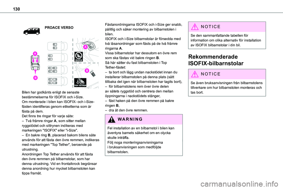 TOYOTA PROACE VERSO EV 2023 Bruksanvisningar (in Swedish) 130
PROACE VERSO
Bilen har godkänts enligt de senaste bestämmelserna för ISOFIX och i-Size.Om monterade i bilen kan ISOFIX- och i-Size-fästen identifieras genom etiketterna som är fästa på TOYOTA PROACE VERSO EV 2023 Bruksanvisningar (in Swedish) 130
PROACE VERSO
Bilen har godkänts enligt de senaste bestämmelserna för ISOFIX och i-Size.Om monterade i bilen kan ISOFIX- och i-Size-fästen identifieras genom etiketterna som är fästa på