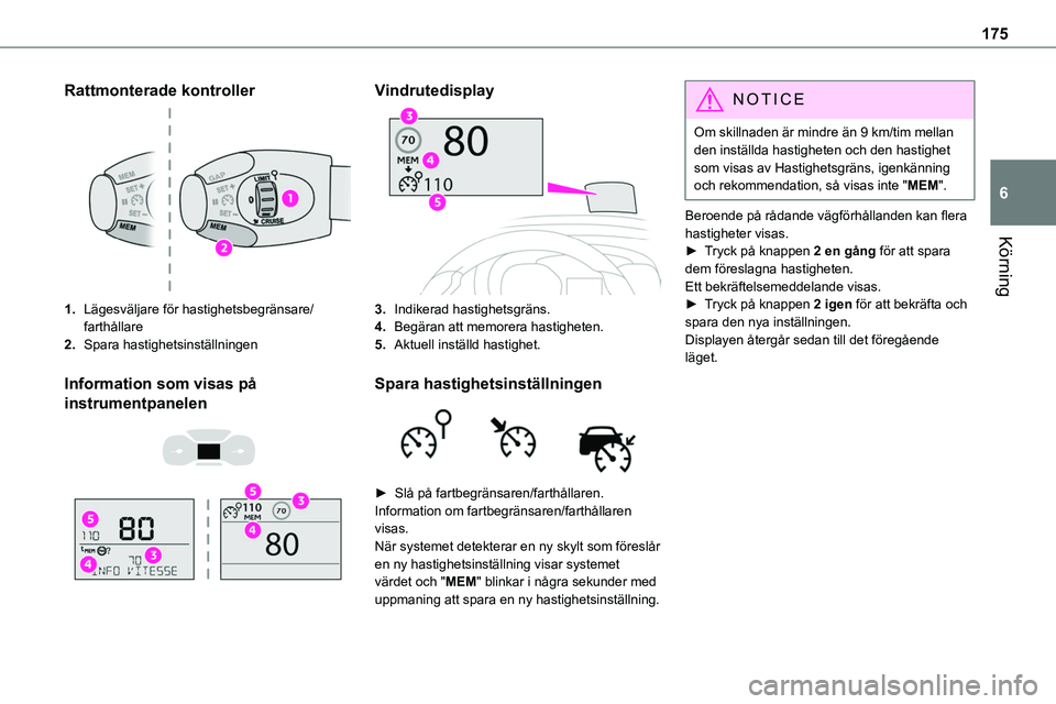 TOYOTA PROACE VERSO EV 2023 Bruksanvisningar (in Swedish) 175
Körning
6
Rattmonterade kontroller
1.Lägesväljare för hastighetsbegränsare/farthållare
2.Spara hastighetsinställningen
Information som visas på
instrumentpanelen
Vindrutedisplay
3.I TOYOTA PROACE VERSO EV 2023 Bruksanvisningar (in Swedish) 175
Körning
6
Rattmonterade kontroller
1.Lägesväljare för hastighetsbegränsare/farthållare
2.Spara hastighetsinställningen
Information som visas på
instrumentpanelen
Vindrutedisplay
3.I