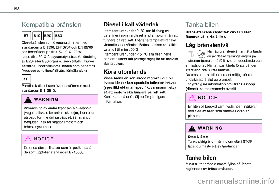 TOYOTA PROACE VERSO EV 2023 Bruksanvisningar (in Swedish) 198
Kompatibla bränslen
Dieselbränslen som överensstämmer med standarderna EN590, EN16734 och EN16709 och innehåller upp till 7 %, 10 %, 20 % respektive 30 % fettsyrametylestrar. Användning av TOYOTA PROACE VERSO EV 2023 Bruksanvisningar (in Swedish) 198
Kompatibla bränslen
Dieselbränslen som överensstämmer med standarderna EN590, EN16734 och EN16709 och innehåller upp till 7 %, 10 %, 20 % respektive 30 % fettsyrametylestrar. Användning av
