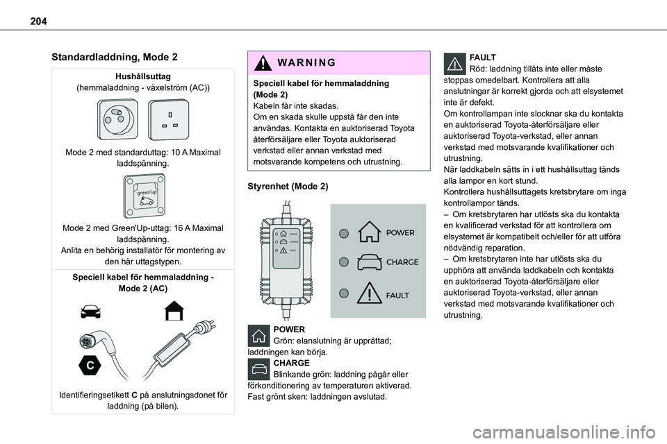 TOYOTA PROACE VERSO EV 2023 Bruksanvisningar (in Swedish) 204
Standardladdning, Mode 2
Hushållsuttag(hemmaladdning - växelström (AC))
Mode 2 med standarduttag: 10 A Maximal laddspänning.
Mode 2 med Green'Up-uttag: 16 A Maximal laddspänning.An TOYOTA PROACE VERSO EV 2023 Bruksanvisningar (in Swedish) 204
Standardladdning, Mode 2
Hushållsuttag(hemmaladdning - växelström (AC))
Mode 2 med standarduttag: 10 A Maximal laddspänning.
Mode 2 med Green'Up-uttag: 16 A Maximal laddspänning.An