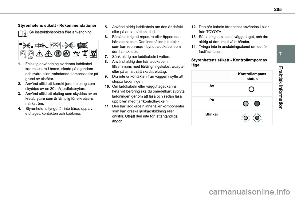 TOYOTA PROACE VERSO EV 2023 Bruksanvisningar (in Swedish) 205
Praktisk information
7
Styrenhetens etikett - Rekommendationer
Se instruktionsboken före användning.
1.Felaktig användning av denna laddkabel
kan resultera i brand, skada på egendom och svå TOYOTA PROACE VERSO EV 2023 Bruksanvisningar (in Swedish) 205
Praktisk information
7
Styrenhetens etikett - Rekommendationer
Se instruktionsboken före användning.
1.Felaktig användning av denna laddkabel
kan resultera i brand, skada på egendom och svå