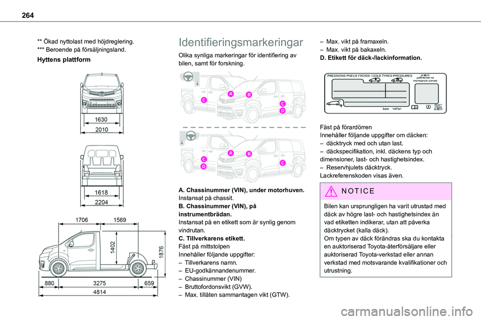 TOYOTA PROACE VERSO EV 2023 Bruksanvisningar (in Swedish) 264
** Ökad nyttolast med höjdreglering.*** Beroende på försäljningsland.
Hyttens plattform
Identifieringsmarkeringar
Olika synliga markeringar för identifiering av bilen, samt för for TOYOTA PROACE VERSO EV 2023 Bruksanvisningar (in Swedish) 264
** Ökad nyttolast med höjdreglering.*** Beroende på försäljningsland.
Hyttens plattform
Identifieringsmarkeringar
Olika synliga markeringar för identifiering av bilen, samt för for