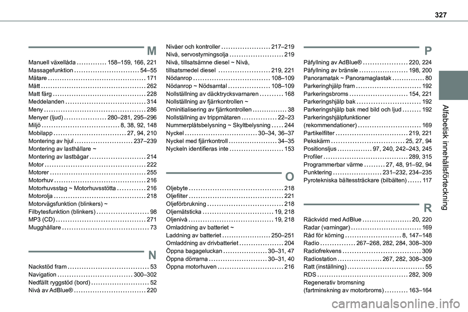 TOYOTA PROACE VERSO EV 2023 Bruksanvisningar (in Swedish) 327
Alfabetisk innehållsförteckning
M
Manuell växellåda 158–159, 166, 221Massagefunktion 54–55Mätare 171Mått 262Matt färg 228Meddelanden 314
Meny 286Menyer (ljud) 280–281, TOYOTA PROACE VERSO EV 2023 Bruksanvisningar (in Swedish) 327
Alfabetisk innehållsförteckning
M
Manuell växellåda 158–159, 166, 221Massagefunktion 54–55Mätare 171Mått 262Matt färg 228Meddelanden 314
Meny 286Menyer (ljud) 280–281,